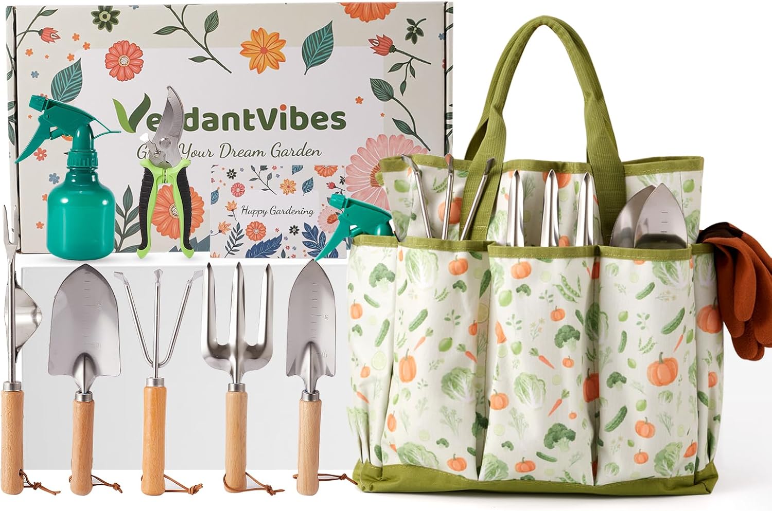 VerdantVibes 10-Piece Garden Tool Set - Heavy Duty Stainless Steel Gardening Kit with Wood Handle
