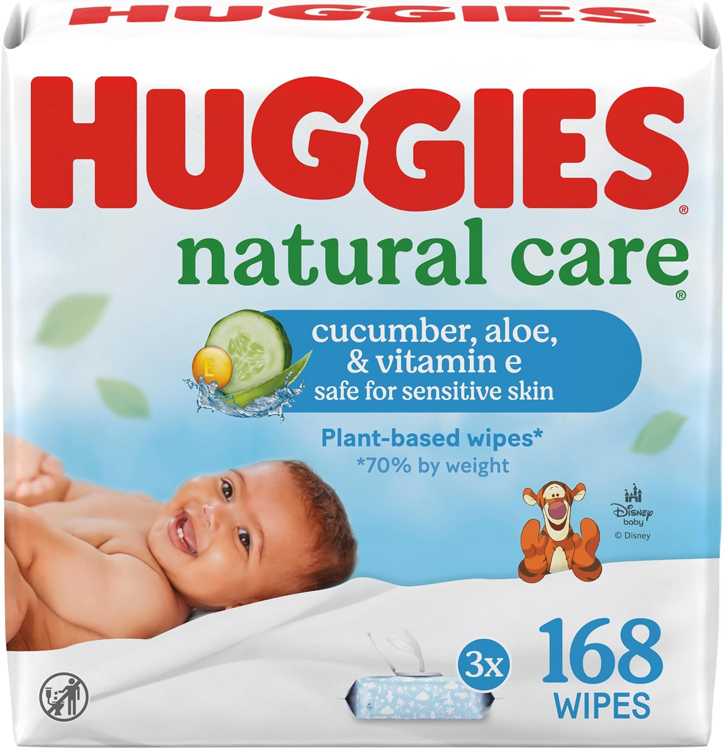 Huggies Natural Care Cucumber, Aloe and Vitamin E Baby Wipes, Hypoallergenic, Scented, 3 Flip-Top Packs (168 Wipes Total), Packaging May Vary